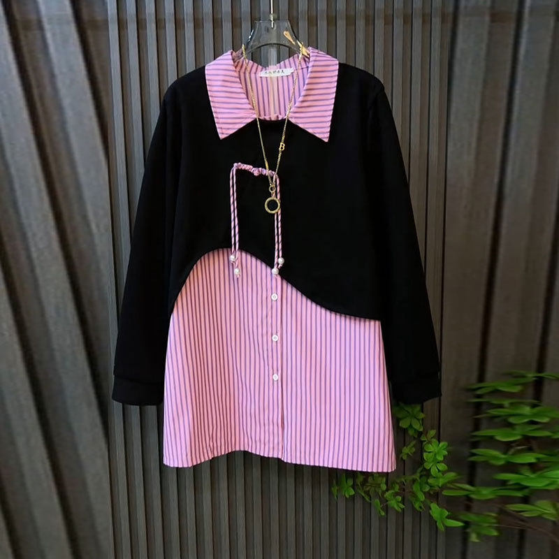 胖妹妹大码新款时尚韩版休闲百搭衬衫假两件洋气显瘦打底衬衣,女装/女士精品,大码内搭,淘宝优惠券,粉丝福利购,淘宝优惠卷