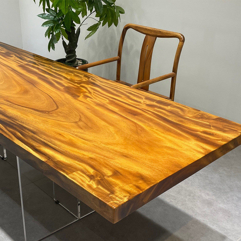 原木大板北欧简约套装餐桌胡桃木实木茶桌茶台悬浮亚克力网红餐桌