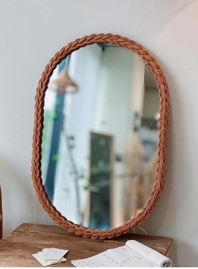 ins韩风简约藤编复古镜子壁挂镜子网红原木墙镜梳妆台装饰摄影