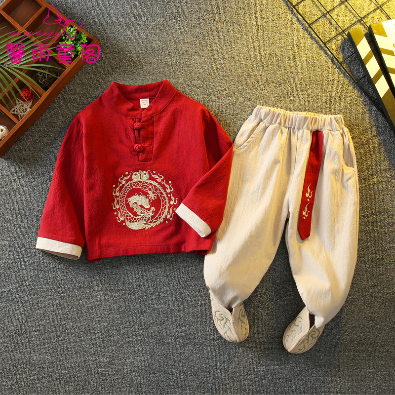 中国风夏季薄款男童汉服儿童古装演出服唐装宝宝周岁礼服棉麻新款