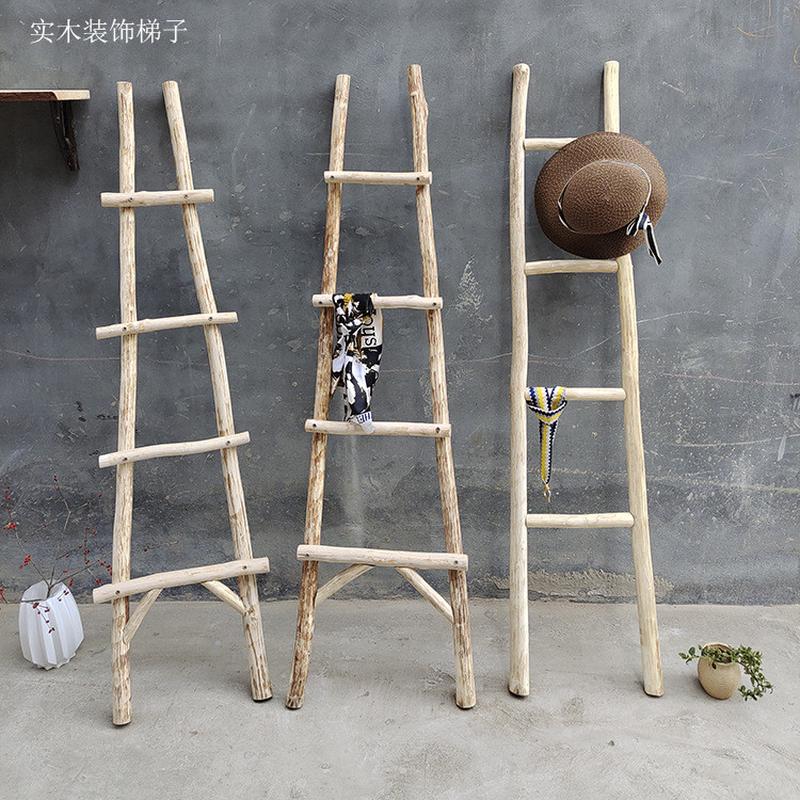复古童装装饰梯子落地置物架衣帽架木头拍照道具房间服装店挂衣架