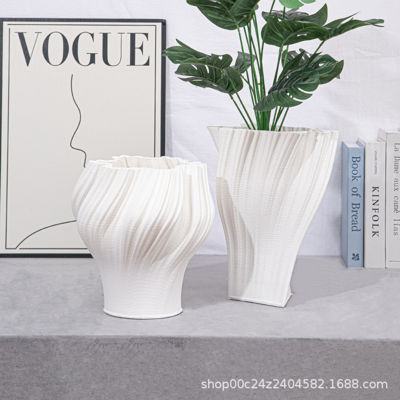 现代简约3D打印陶瓷花插客厅干花仿真花白色艺术摆件家居装饰花瓶