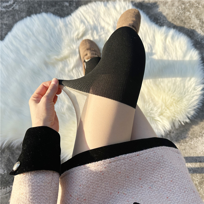 日系毛圈假高筒连裤袜女秋冬加厚白丝JK假大腿长筒过膝拼接黑丝袜