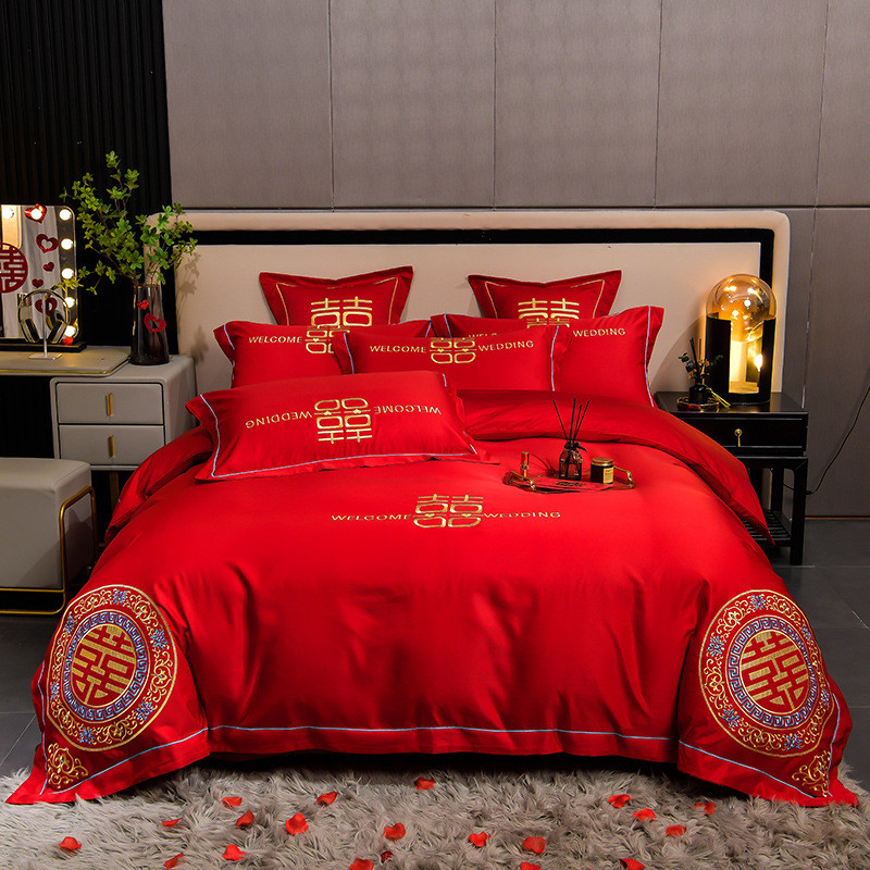 高端刺绣裸睡嫁妆水洗磨毛红色新婚婚庆四件套结婚四件套礼品装