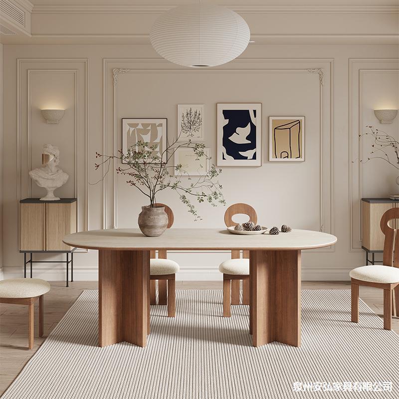 北欧实木设计师奶油风椭圆形洽谈桌小户型家用白色岩板餐桌椅组合