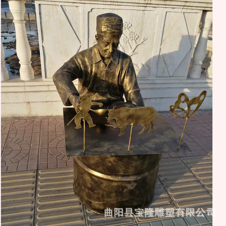 供应玻璃钢仿铜小品雕塑民俗文化人物小贩摆摊画糖人吹糖人