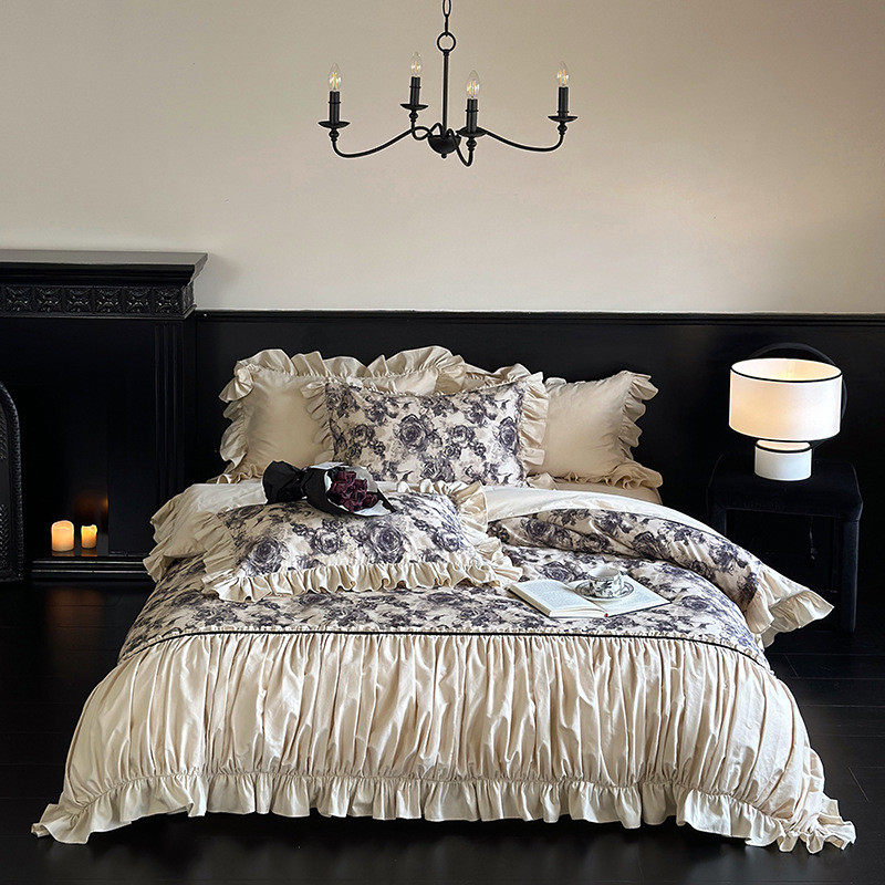 复古干枯玫瑰印花贡缎磨毛四件套新品圆角贴边床单家用床笠款秋冬