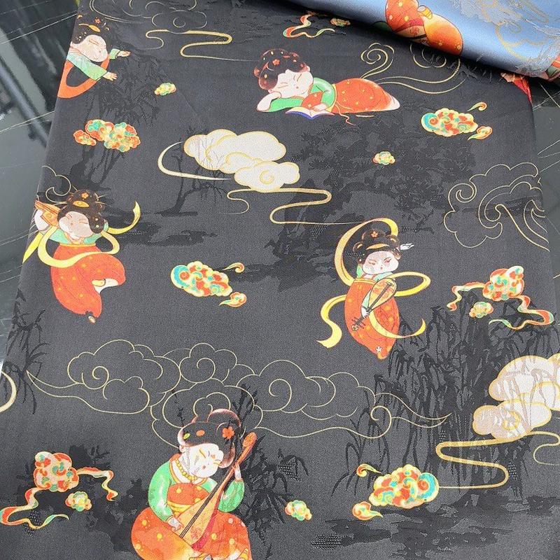 厂家现货敦煌飞天小唐人新中式国风复古人丝香云纱提花印花布料