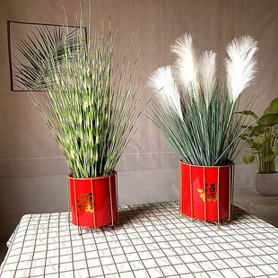 年宵福桶花盆铁艺花架红桶喜庆大红色福字银柳花瓶蝴蝶兰绿植插花