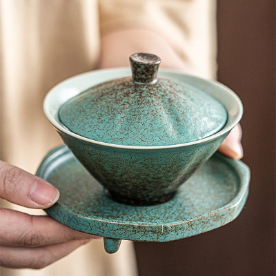 陶瓷三才盖碗斗笠影绿茶杯泡茶碗带盖茶具泡茶杯高端高档盖杯茶器