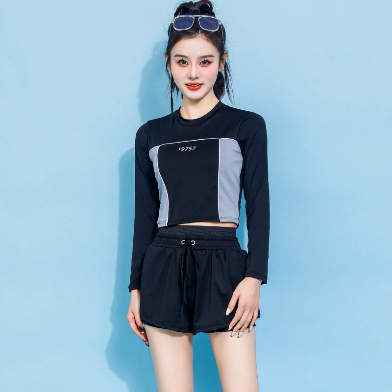 女士泳衣夏季分体式防晒长袖休闲运动风平角套装2023新款少女泳衣