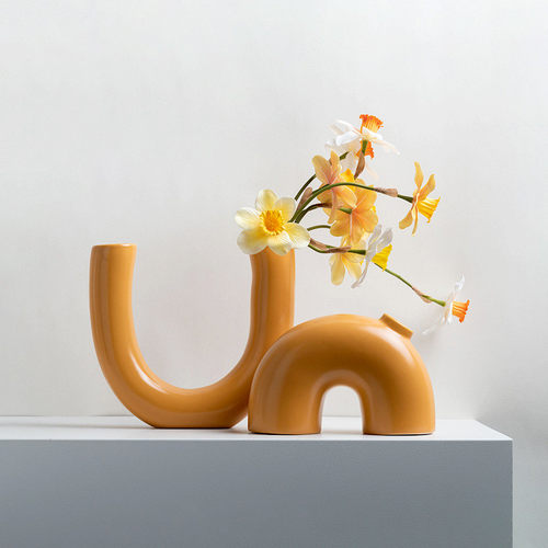 热销简约拱形橙色花器高级感陶瓷花瓶摆件民宿样板间售楼处客厅装