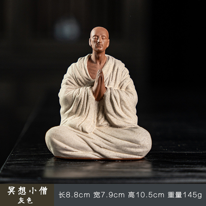 禅意中式粉色陶瓷紫砂小和尚人物摆件客厅创意茶室桌面装饰纯摆设