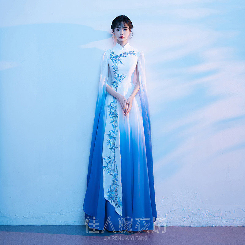 速发大合唱团演出服女长裙舞台声乐古筝礼服独唱演奏表演服装蓝色