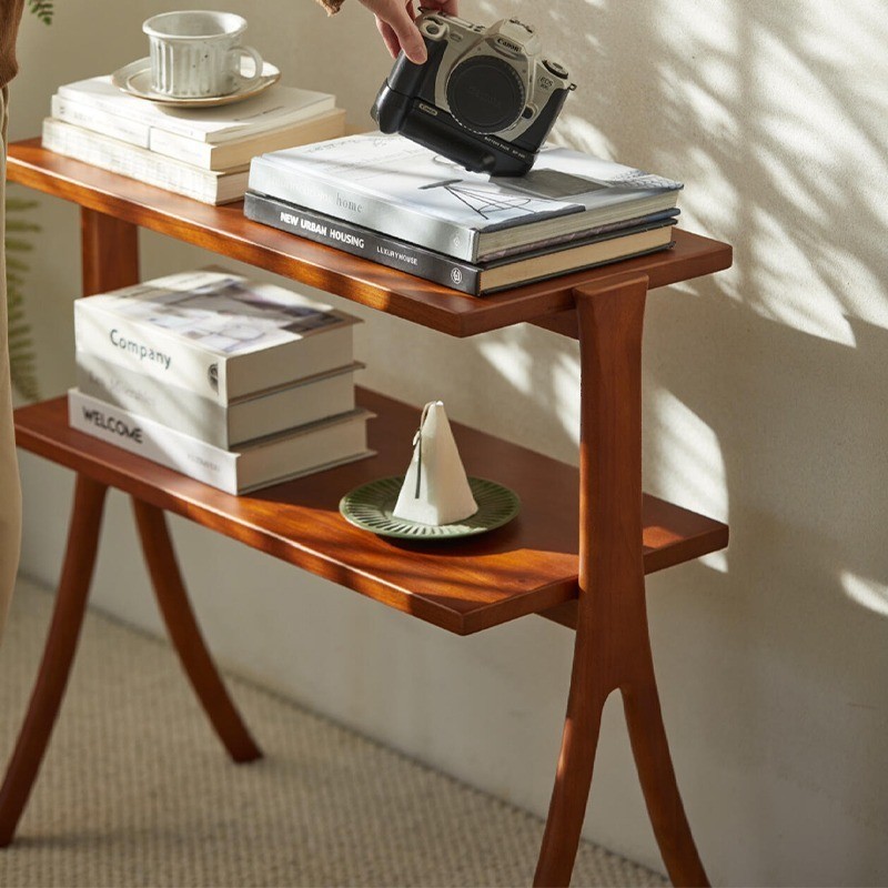 热销日式床边角几客厅沙发实木双层书架置物架卧室边几收纳架子可