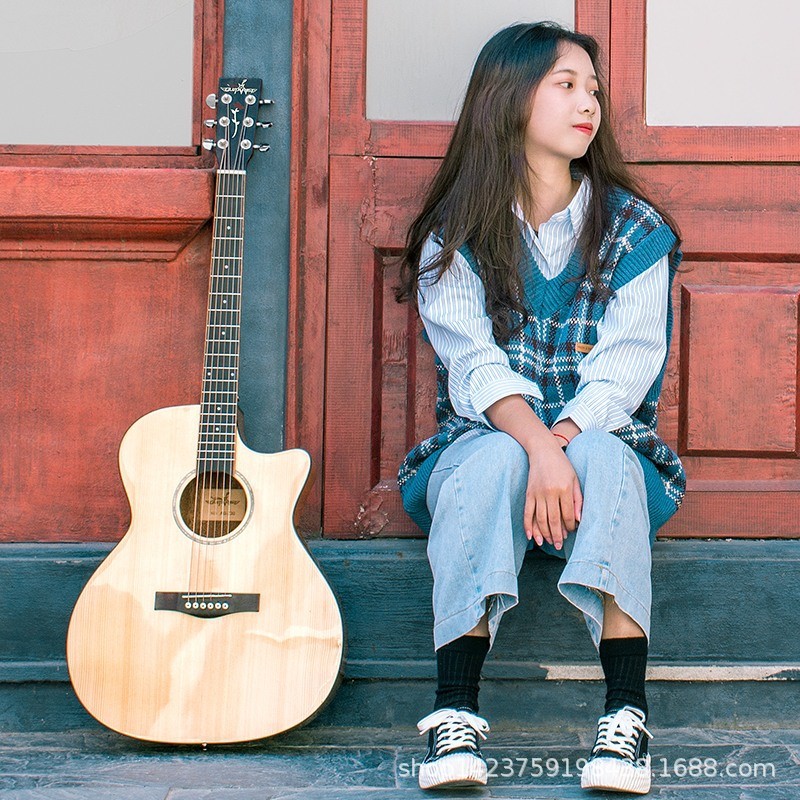 热销guitarist吉他41寸民谣木吉他木吉他亮光云杉单板缺角电箱吉