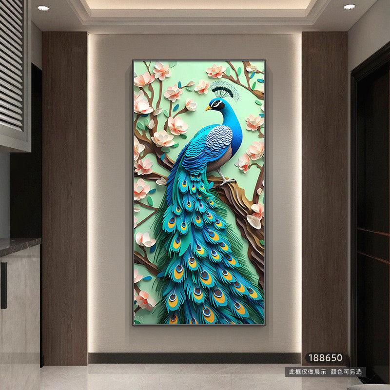 现代简约入户玄关装饰画孔雀走廊过道挂画大气寓意好客厅竖版壁画
