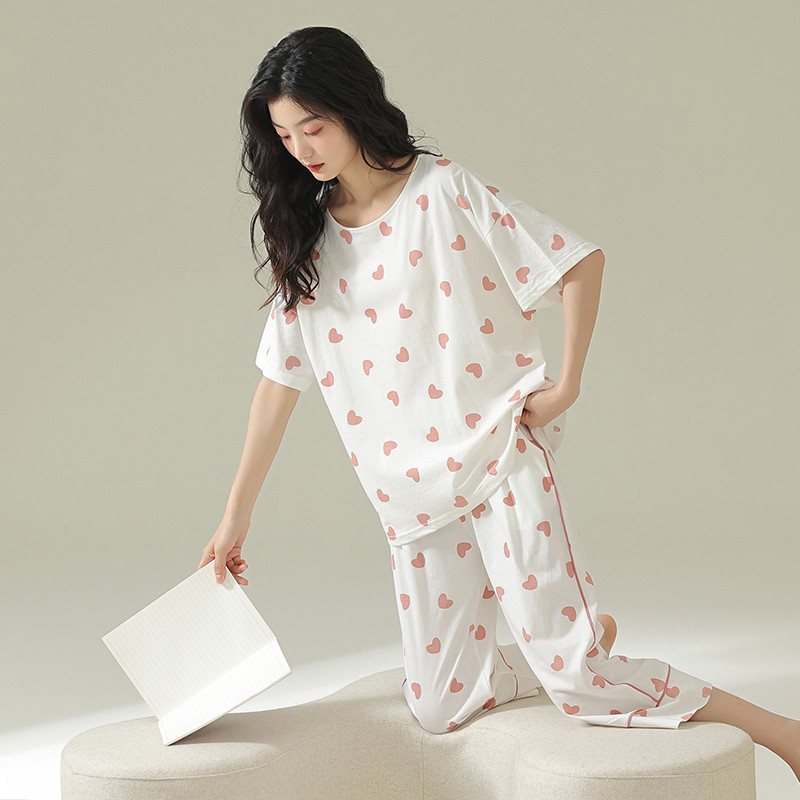 2024新款睡衣女士夏季纯棉短袖七分裤全棉套头女可外穿家居服套装