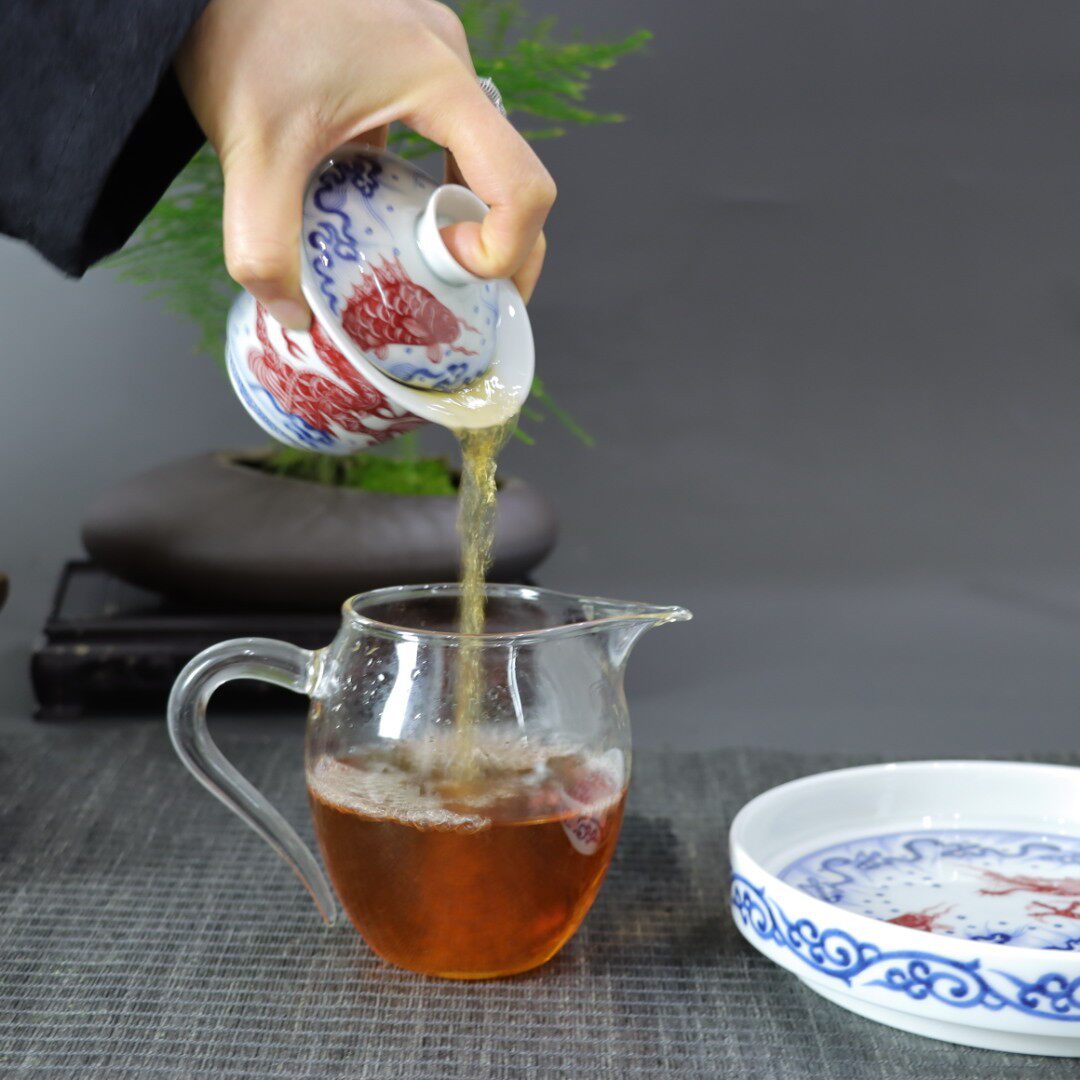 碗青花瓷釉里红鱼化龙盖碗茶杯子4件套装家用功夫泡茶景德镇茶具