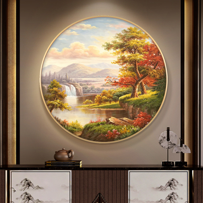 聚宝盆装饰画圆形挂画餐厅风景油画山水画客厅玄关走廊过道壁画图片