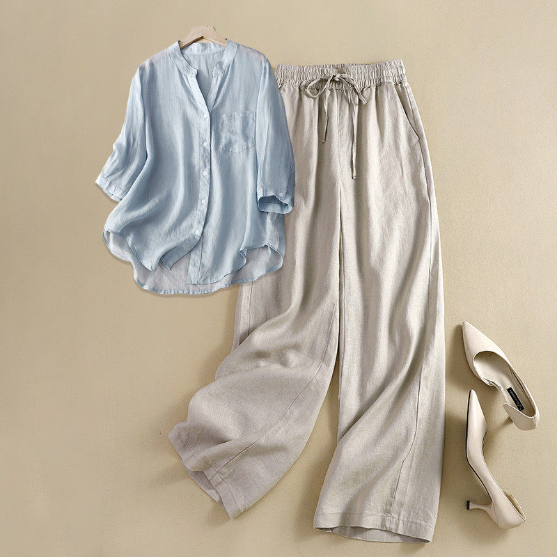 中年妈妈夏装2025夏季新款套装女士洋气亚麻阔腿裤两件套,女装/女士精品,时尚套装,淘宝优惠券,粉丝福利购,淘宝优惠卷
