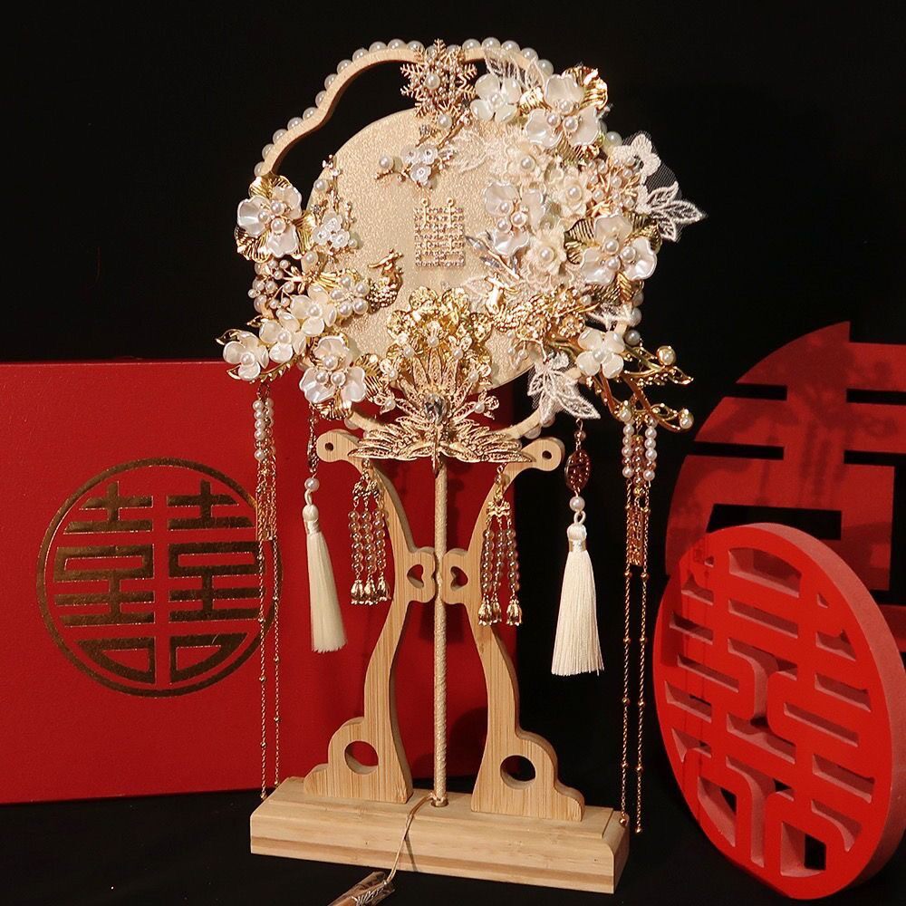高端中式古风新娘团扇架楠竹扇托摆放落地展示架圆扇子底座可拆卸