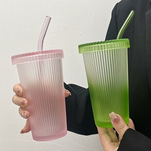 磨砂渐变色条纹杯带盖吸管杯高颜值牛奶杯子冰咖啡饮料杯玻璃水杯