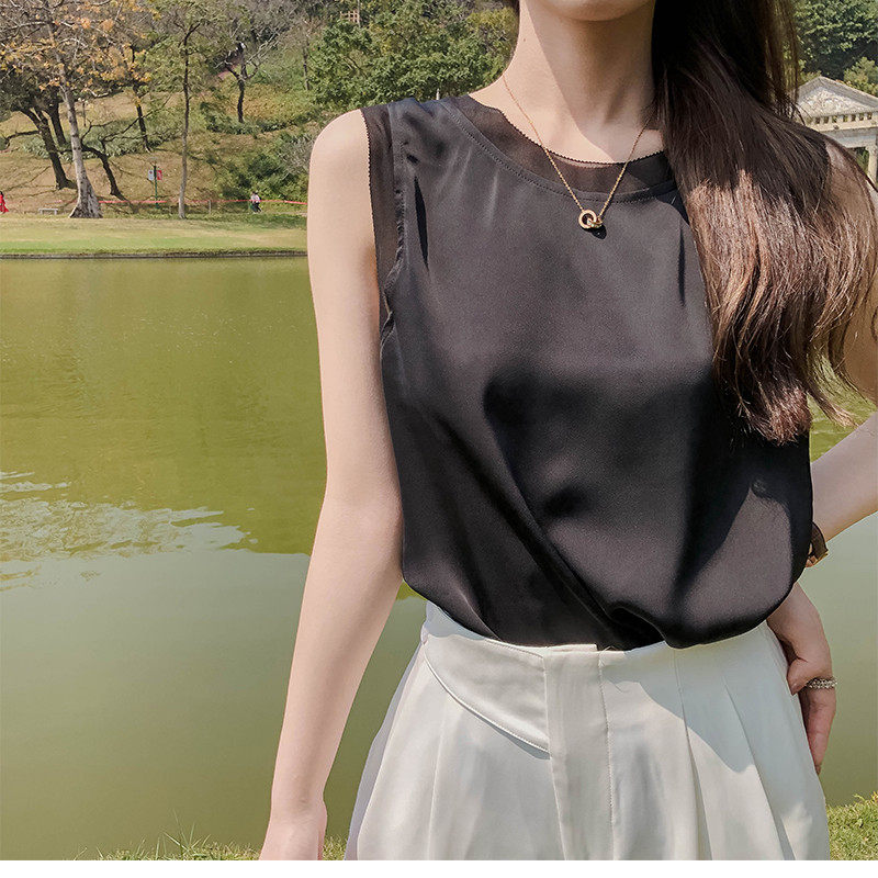 春夏外穿醋酸缎圆领拼雪纺宽肩宽松通勤内搭无袖打底小,女装/女士精品,背心吊带,淘宝优惠券,粉丝福利购,淘宝优惠卷