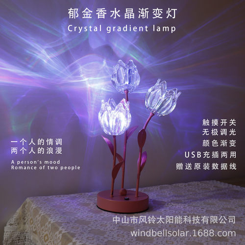 usb轻触开关郁金香灯水晶台灯led家居装饰氛围感小夜灯玻璃铃兰灯