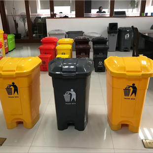 热销户外推拉翻盖塑料带轮桶50升70l可物业脚踏式 商用饭店酒店垃