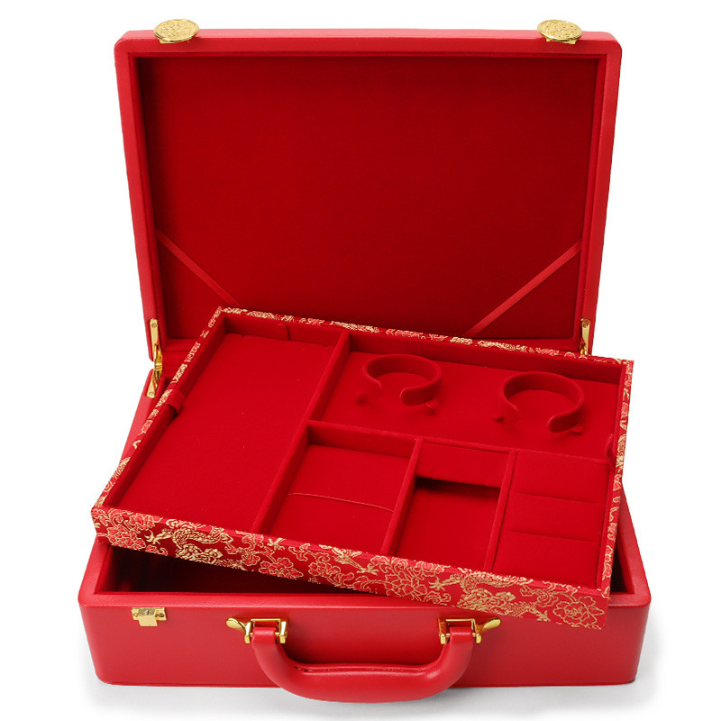 热销多功能婚庆首饰收纳盒高档皮质珠宝箱双层手饰品套装盒结婚五