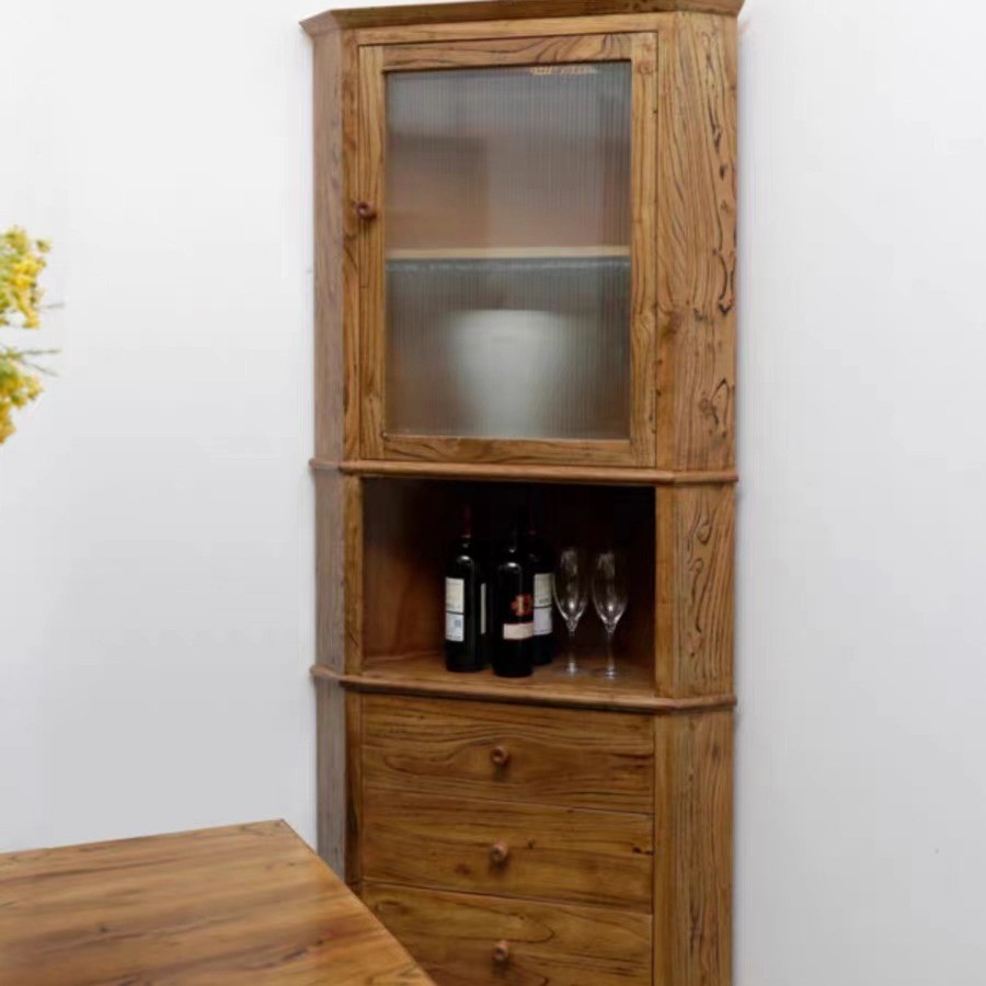 热销角落老榆木转角柜家居客厅餐厅复古储物柜新中式实木多层边柜