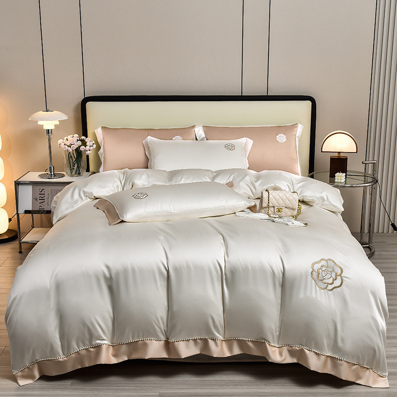 100s天丝四件套珍珠系列高床单被套刺绣冰丝奢可裸睡床上用品批发