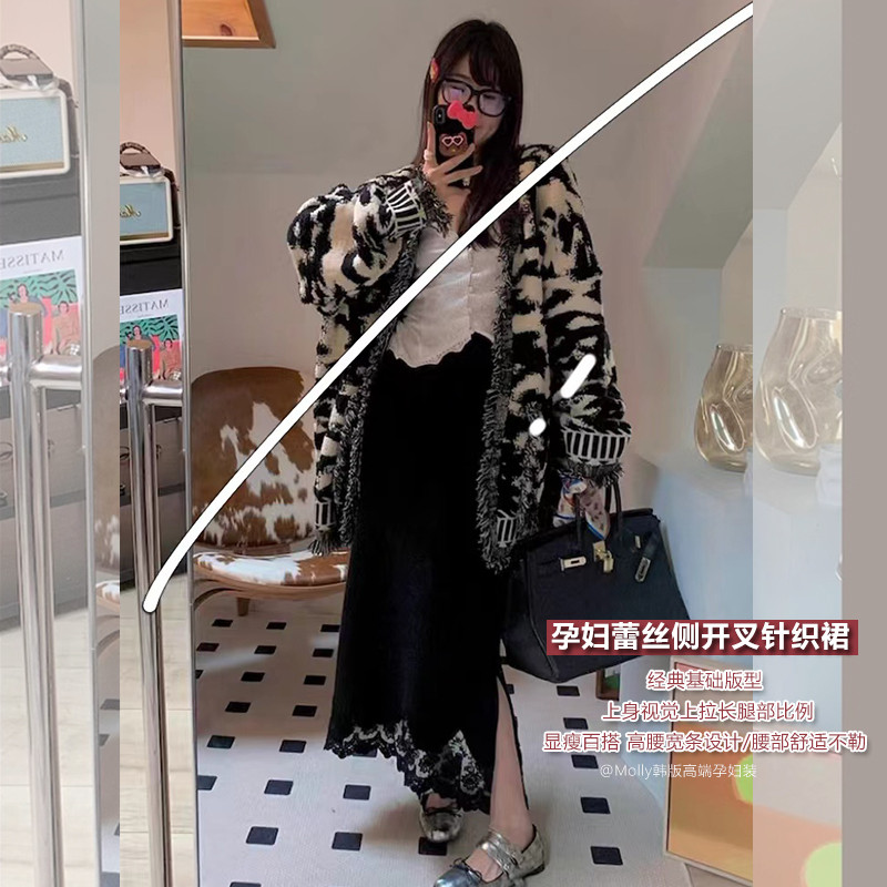 孕妇蕾丝拼接子秋冬外穿时尚显瘦直筒a字中长款