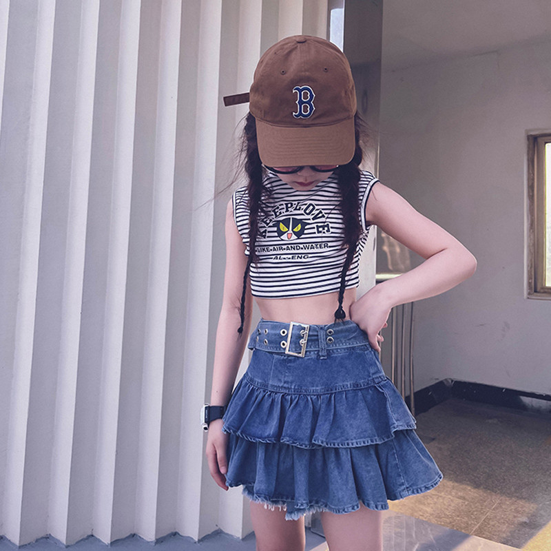 夏季牛仔蛋糕裙2025新款防走光舞蹈子荷叶边亲子女孩
