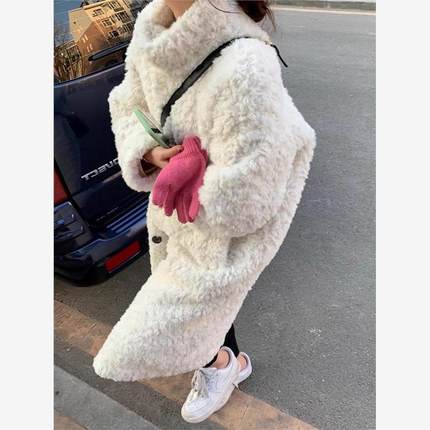毛毛大衣外套女秋冬季高级感加厚皮毛一体白色羊羔毛绒中长款皮草