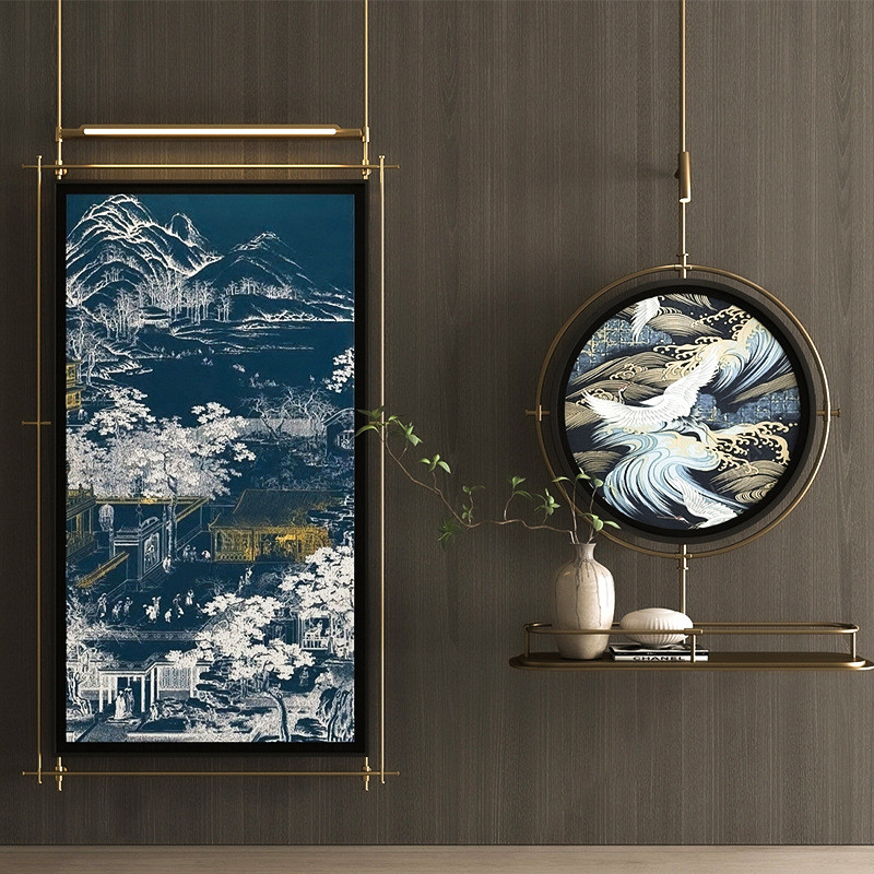 轻奢简约客厅书房玄关装饰画圆形照画挂画灯中古风立体装置壁画灯图片
