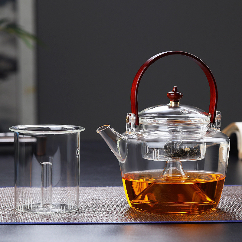 玻璃煮茶壶高硼硅透明将军壶家用煮茶器提梁壶围炉蒸煮蒸煮两用壶