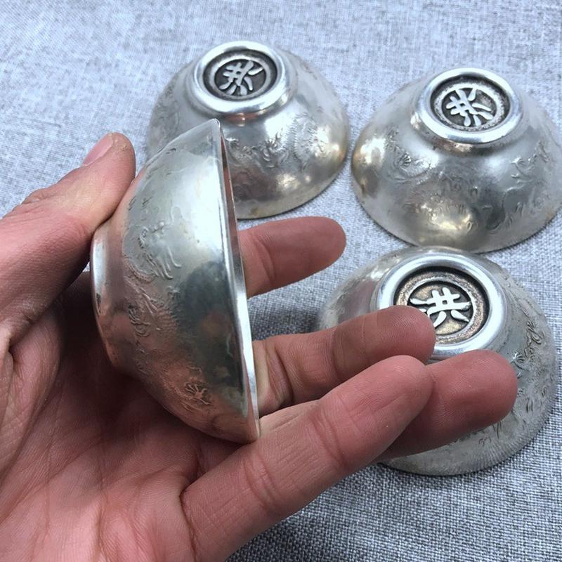 仿古四个铜器镀银银碗银杯福禄寿喜洪字底中号镀银杯银器一套