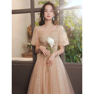 艺考订 直销香槟色晚礼服女宴会气质轻奢小众高端高级感主持人长款