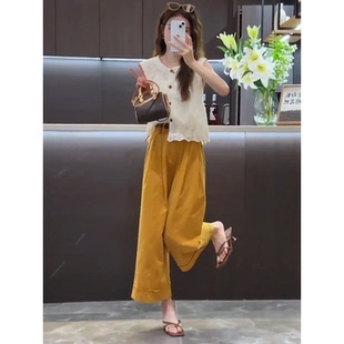 今年流行的夏装套装镂空无袖阔腿裤小个子显高时尚减龄两件套
