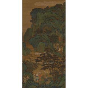 元代商山四喷图绢本立轴设色中国复古名画人物画山水画微皓复制