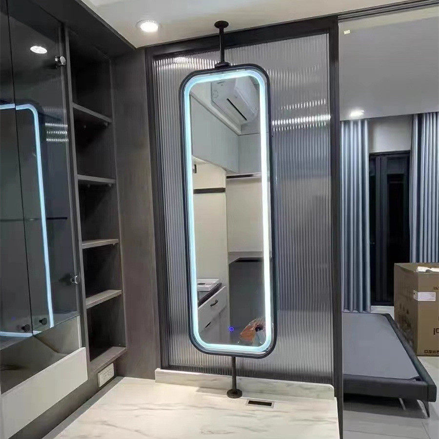 方形铝合金镜子吊杆圆角化妆镜悬空吊镜民宿酒店浴室镜子发光镜子