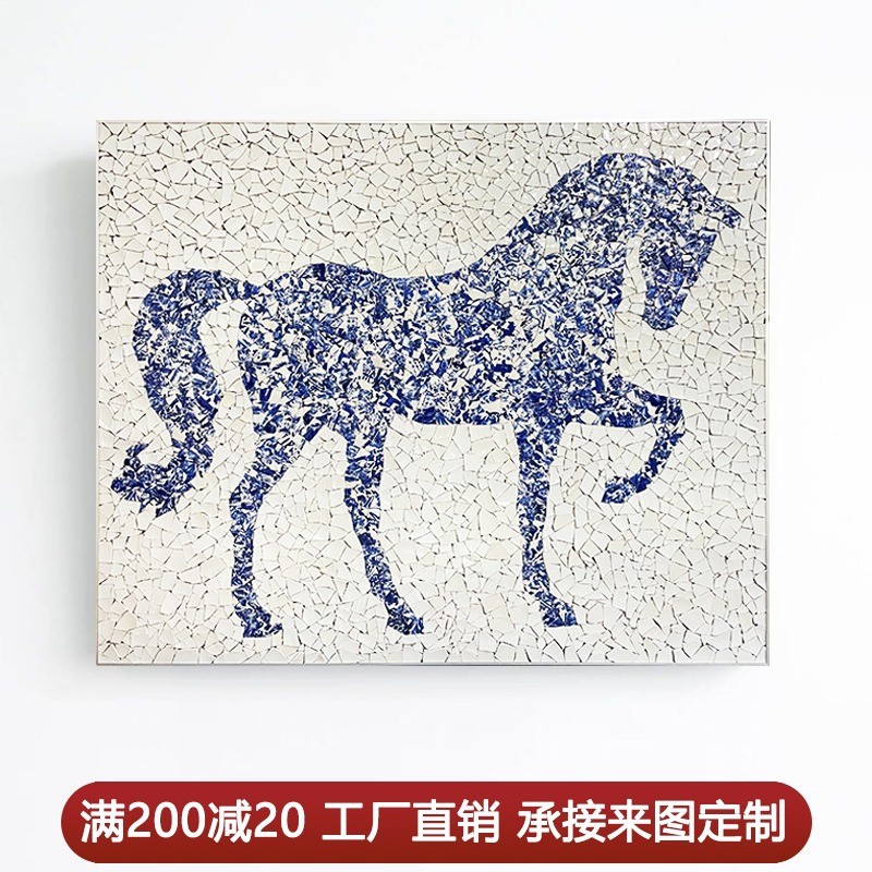 现代轻奢客厅装饰画青花瓷骏马玄关入户墙画高端沙发背景正门挂画图片