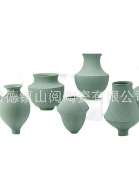 现代简约新中式绿色雕刻陶瓷花瓶摆件样板间售楼处玄关茶几装饰品
