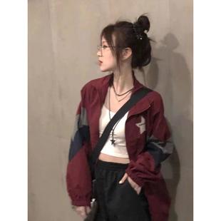 高货美式 宽松学生休闲冲锋 防晒衣外套女2024夏季 港风复古拼接薄款