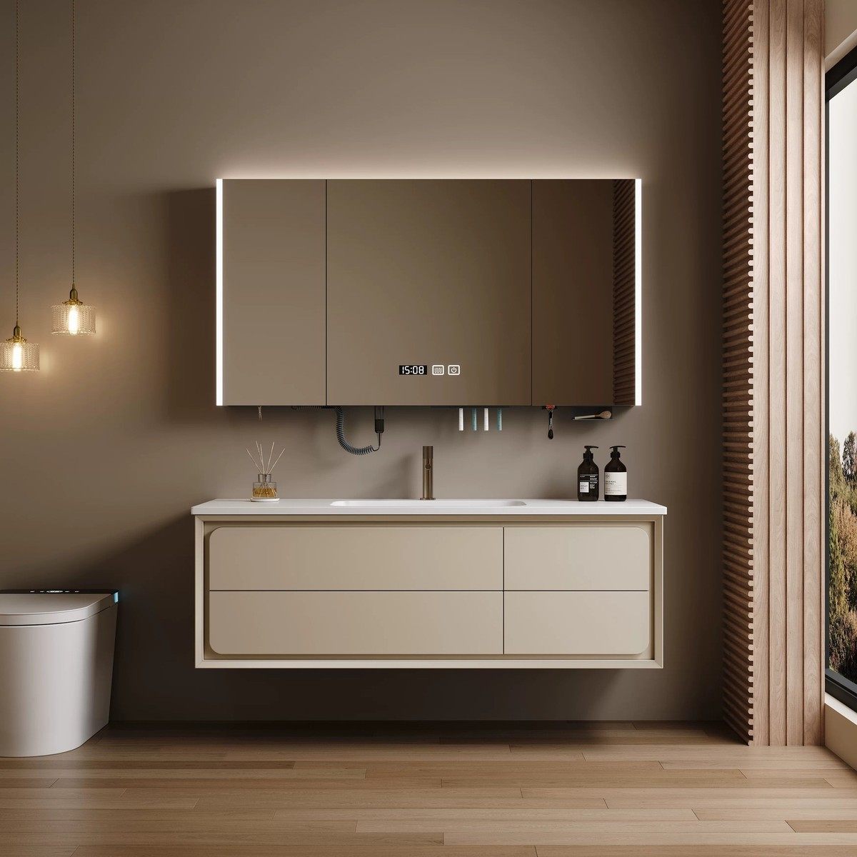 现代简约白色岩板盆弯一体热浴室柜组合洗漱台多功能智能浴室镜柜,家装主材,浴室柜组合,淘宝优惠券,粉丝福利购,淘宝优惠卷