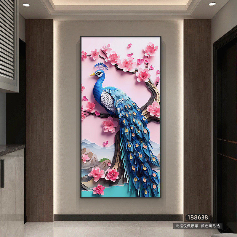入户玄关装饰画现代简约孔雀走廊过道竖版大气寓意好客厅挂画壁画