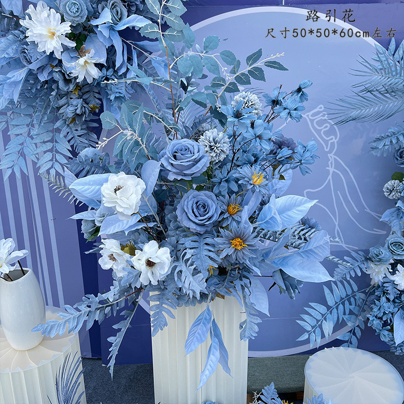 雾蓝白色婚庆仿真花 婚礼路引玫瑰花束蓝色装饰花插花绢花假花