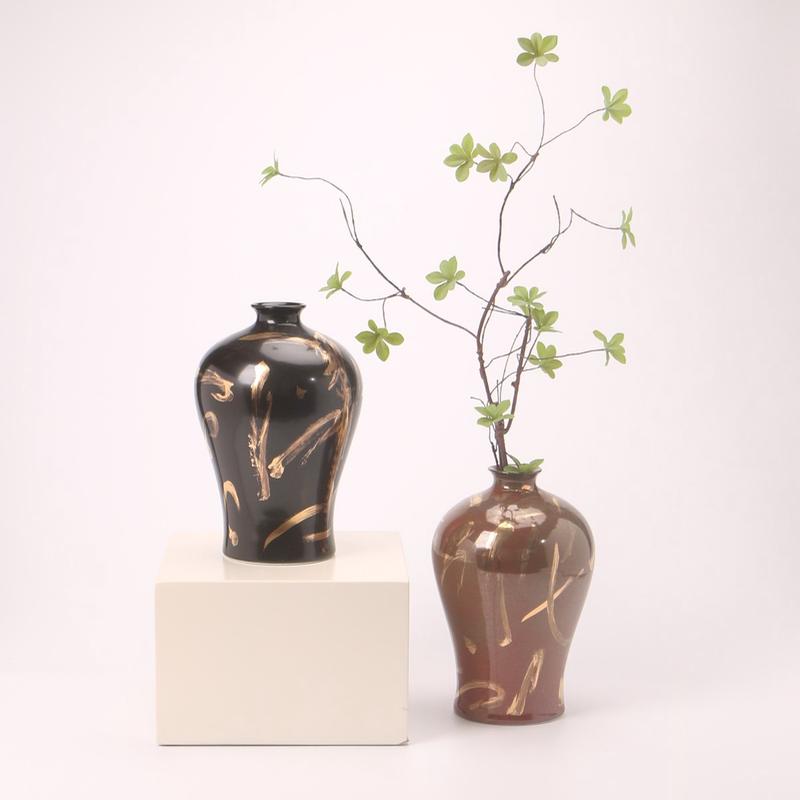 热销现代新中式办公室红色描金陶瓷摆件手工设计样板房间家居软装